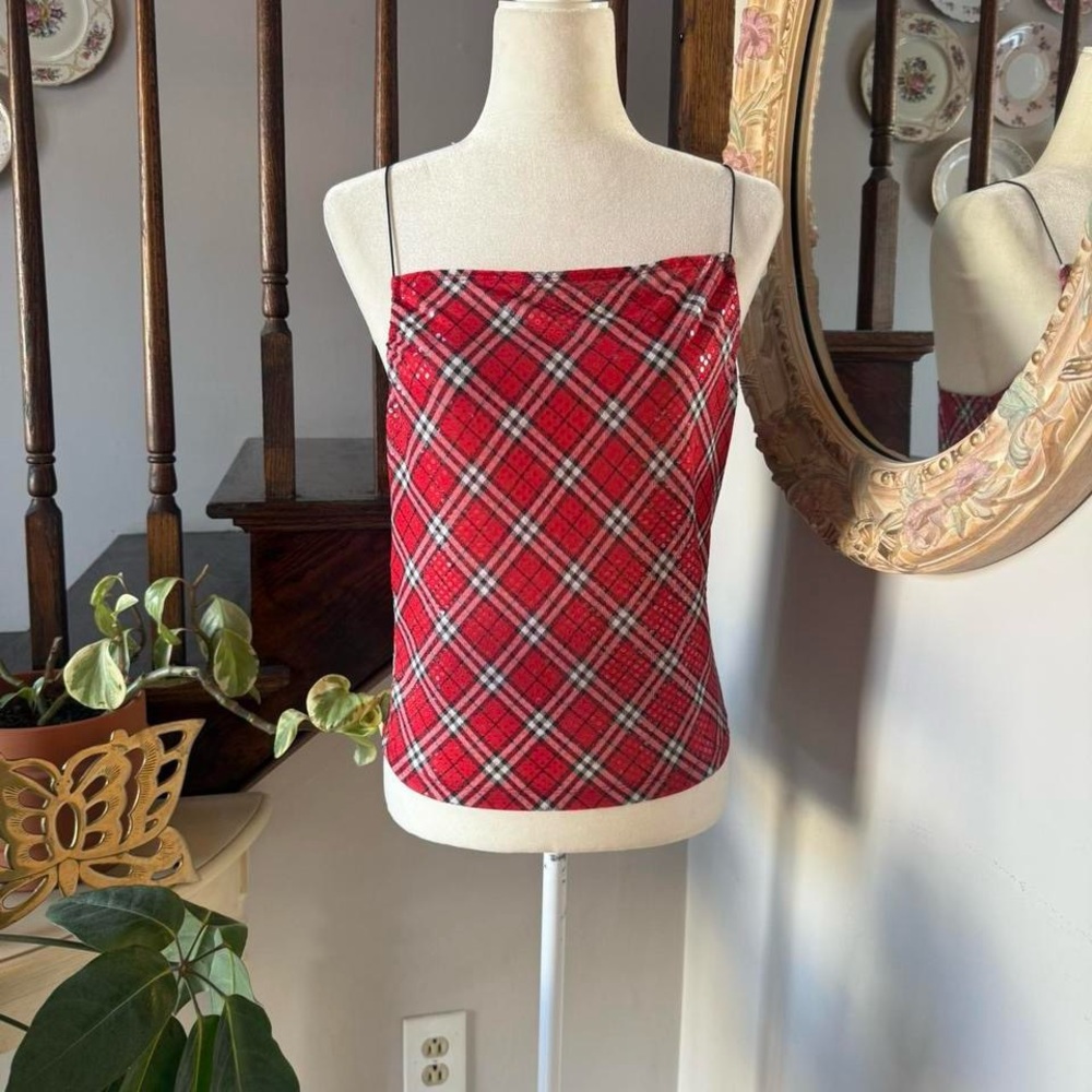 A. Byer Red Plaid Sequin Camisole Top